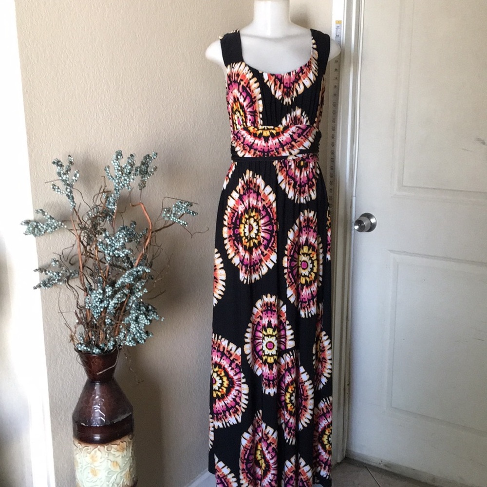 AB Studio Black Maxi Dress with Pink, Yellow & White Medallion Print